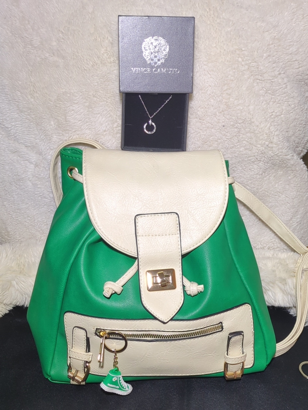 Green and Cream Drawstring Backpack with Front Zip Pocket NWOT ASKING ONLY $50